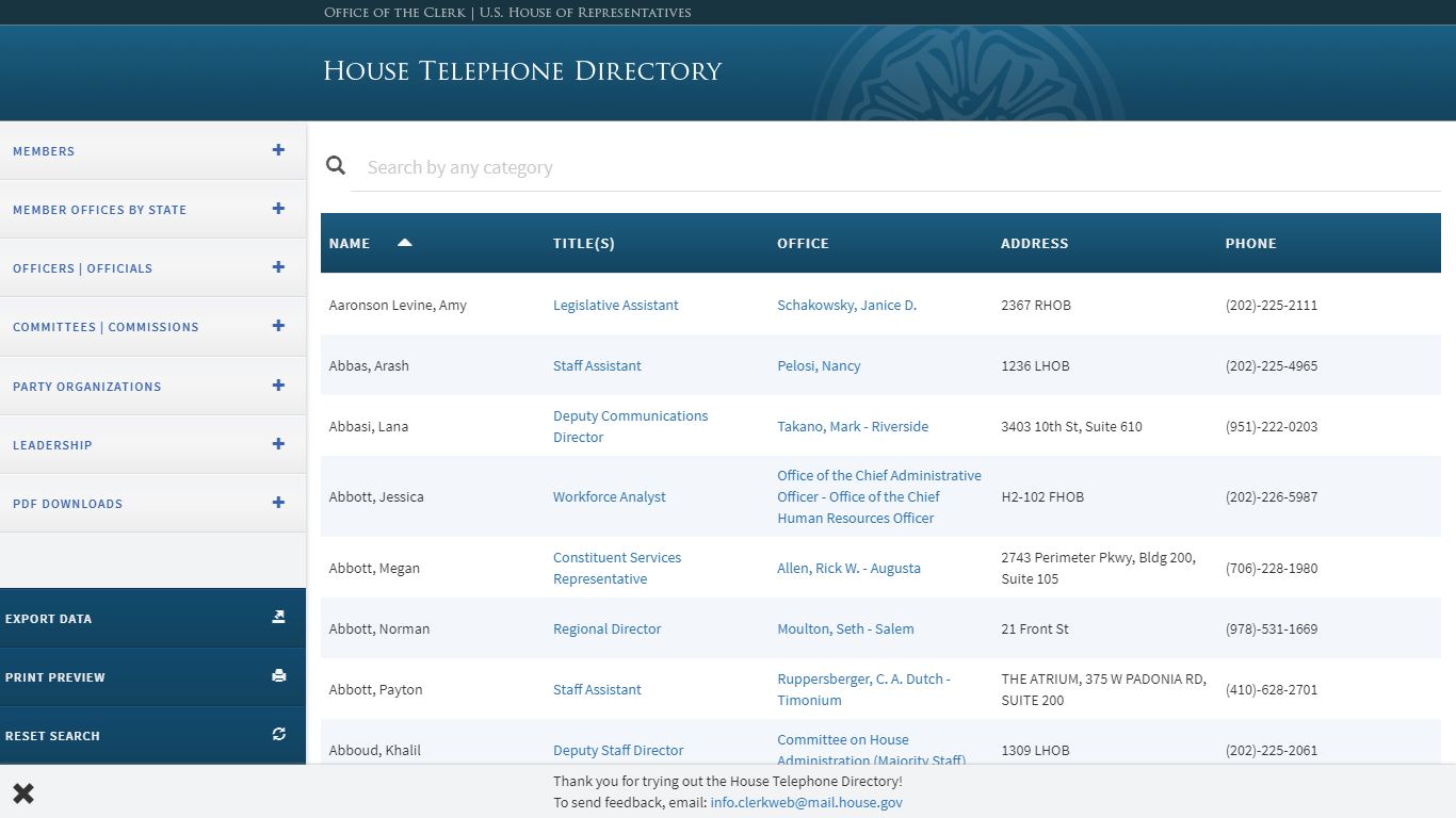 House Telephone Directory